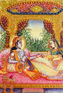 Radha Krishna miniatyyri maalaus norsunluun päällä tekijältä School Indian