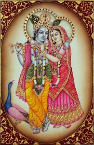 Radha Krishna miniatyyri maalaus norsunluun päällä tekijältä School Indian