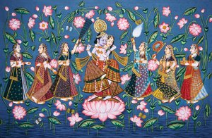 Radha Krishna ja Sakhis miniatyyri maalaus paperille tekijältä School Indian