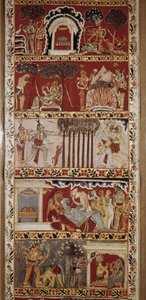 Ramayana-kohtaukset, Valmiki 6. vuosisadalla säveltämä eeppinen runo, joka kertoo legendaa Ramasta. Länsi-Bengal.Victori & Albert Library. Lontoo tekijältä School Indian