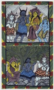 Shiva antaa elämän Ganeshalle (Ganesh tai Ganapati) äitinsä Parvatin syliin leikattuaan hänen päänsä vihan käsivarteen. Pat: maalattu rulla Bengalin alueelta, joka toimii kerrontavälineenä muusikoille Baoul (tai baul). Leonard de Selva erikoisuus