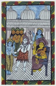 Jumalat tulevat ihailemaan Krishnaa, ruumiillistuen kauniin lapsen, Ganeshan (Ganesh tai Ganapati) vartaloon äitinsä Parvatin polvilla. Pat: Bengalin alueen maalattu rulla, joka toimii kerrontavälineenä laulajille Baoulille (Baul). Leonard de tekijältä School Indian