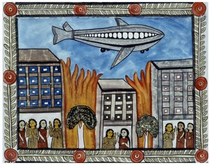 Tarina 11. syyskuuta 2001 tehdyistä hyökkäyksistä, jonka kertoivat bengalilaiset kauppiaat Baul. Maalaus, sarja, numero 6/9, Bengal. tekijältä School Indian