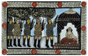 Tarina 11. syyskuuta 2001 tehdyistä hyökkäyksistä, jonka kertoivat bengalilaiset kauppiaat Baul. Maalaus, sarja, numero 2/9, Bengal. tekijältä School Indian