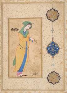 Houri seisoo puutarhassa (läpinäkymätön akvarelli paperille) tekijältä School Iranian