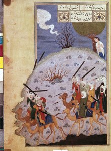 Majnun katsomassa Iranilaisen mestarin Nawfalin ja Lailan heimon välistä taistelua. (Akvarelli, guassi, valkoinen väri, muste paperille tekijältä School Iranian