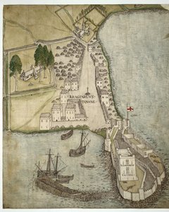 Carrickfergusin linna ja kaupunki, Irlanti, n. 1560 (kynä, muste ja akvarelli paperille)