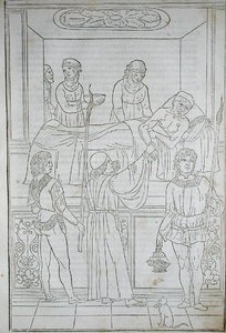 Lääkäri vierailee potilaan luona, Johannes de Kethamin (d.c.1490) teoksesta Fascilulus Medicinae, 1400-1500-luku (puupiirros) tekijältä School Italian