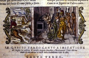 Bradamante tapaa taikuri Melissen, joka kertoo hänelle, että hän ja Roger (Ruggero, Ruggiero) perustivat Este-dynastian. Kohtaus on otettu Ludovico Arioston (1474 - 1533) ritarirunosta "Orlando Furioso" (Raivoissaan Roland) dit L
