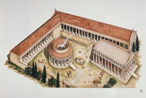 Seremoniallinen pyöreä tholos ja Asklepiuksen temppeli, Epidaurus, 4. vuosisadalla eKr. (värilitho)