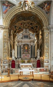 Sisäkuva Santa Maria del Popolon basilikasta (Santa Maria del Popolon kirkon sisäkuva) 1400-1600-luvulla Rooma Italia tekijältä School Italian