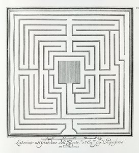Villa Papafavan puutarhan labyrintti, Padova, A. Volkamerin teoksesta "Villat, puutarhat ja maisemat Venetsiassa" (kaiverrus) tekijältä School Italian