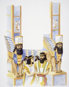 Nebukadnessar, Babylonin kuningas, vaimonsa Amytiksen kanssa, Median kuninkaan tyttären (väri litho)