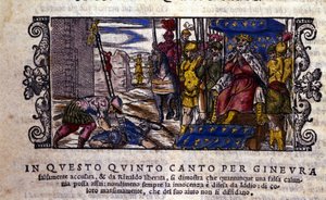 Prinsessa Ginevra on syytön ja taistelu panettelun ja Ginevraa puolustamaan tulleen tuntemattoman ritarin välillä keskeytyy. kohtaus Ludovico Arioston (1474 - 1533) ritariruno "Orlando Furioso" (The Furious Roland) nimeltä L