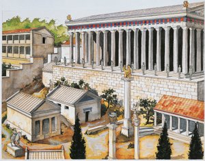 Apollon pyhäkön jälleenrakennus, Delphi, 8.-3. vuosisadalla eKr. (väri litho)