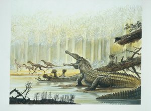 Rutiodon ja Fabrosaurus taustalla, triaskausi (väri litho) tekijältä School Italian