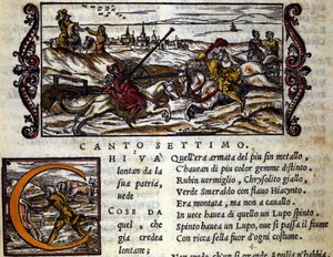 Suden selässä oleva jättiläinen Eryphila taistelee Rogeria (Ruggero, Ruggiero) vastaan - Ludovico Arioston (1474 - 1533) ritariruno "Orlando Furioso" (The Furious Roland) L