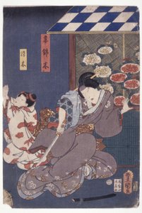 Criança Someki implorando; Mãe caindo para trás com espada (xilogravura colorida) finlandês tekijältä School Japanese