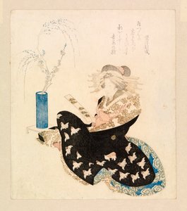 Kurtesaani lukee tanzakua (värillinen puupiirros) tekijältä School Japanese