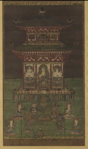 Horokaku Mandara: Buddha ja siihen liittyvät jumalat, Heian-kausi (väri ja kulta silkkipaneelissa) tekijältä Japanese School