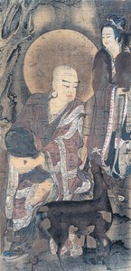 Uskonnollinen maalaus nuorta munkkia hirven kanssa, maalaus silkille, japanilainen sivilisaatio, Heian-kausi, 794-1185 tekijältä School Japanese