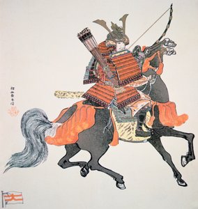 Vanhan Japanin samurai jousilla ja nuolilla aseistettu (väri litho)