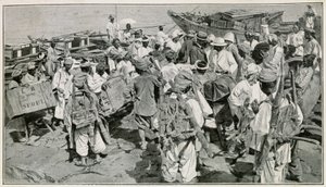 Korealaiset portterit Chemulpon satamassa (Etelä-Korea), purkamassa roskat - Kuvitus J. de Pangen 1800-luvun valokuvan jälkeen, tohtori Hagenin matkasta Koreassa tekijältä School Korean