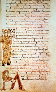 Pyhä Matteus; M-kirjain (Pyhän Markuksen leijonan pää). Sivu in “” Sacramentary of Gellone”, folio 42. Valaistunut David, v. 790, Ranska, Meaux tai Cambrai. BN, Pariisi