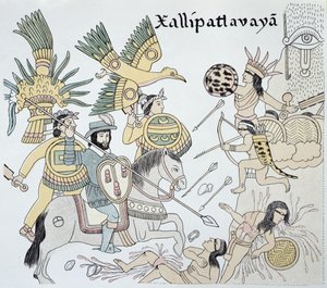 Espanjalaisten ja atsteekkien välinen taistelu Xallipatlavayan taistelussa, kuvitus noin vuonna 1550 julkaistun meksikolaisen intiaanien kuvakertomuksen "Lienzo de Tlaxcala" faksimilestä.