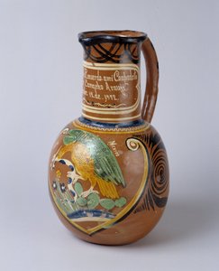 Kansantaide: Pulque-purkki (ferment agave-alkoholi) maalattua ja lakattua terrakottaa, Meksikosta. 1972 Valley Museum, Barcelonnette (Alpes de Haute Provence)