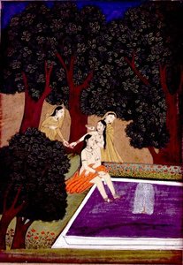 Nainen uima-altaalla, Johnson Album IX, nro 16, n. 1780 (guassi ja kultaa paperilla) tekijältä School Mughal