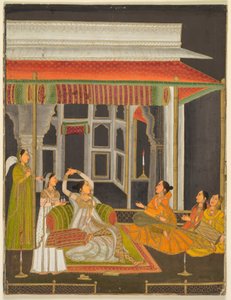 Prinsessa terassilla palvelijoiden kanssa yöllä (etusivu); kalligrafia (kääntöpuoli), n. 1760 (peittävä vesiväri ja kulta paperille). tekijältä School Mughal