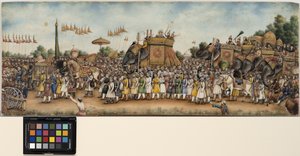 Akbar Shah II ratsastaa norsulla valtavassa kulkueessa, n. 1835 (läpinäkymätön akvarelli ja kulta norsunluun päällä)