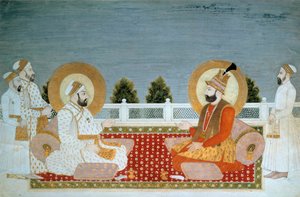 Intialainen taide: "" Edustus Mohammed Shahista (1702-1748) Intian keisarista ja Nadir Shahista (1688-1747), Iranin shahista"" Mughole-koulun miniatyyri, Muhammad Shah (1526-1858 jKr.), Sun. 0,21x0,31 m - Pariisi, Musee Guimet, Musee national des Arts Asia