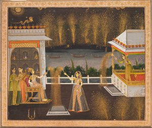 Diwalia juhlivat naiset, noin 1760 (peittävä akvarelli ja kulta paperille). tekijältä School Mughal