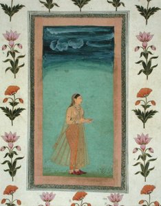 Nainen pitelee kukkaa, Pieni Clive-albumista (peittävä akvarelli paperille). tekijältä School Mughal