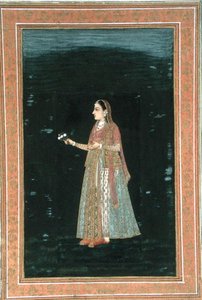 Nainen pitelee kukkia, Small Clive Albumista (läpinäkymätön akvarelli paperille) tekijältä School Mughal