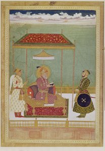 Shah Aurangzebin muotokuva miehen kanssa, mahdollisesti Ashraf Khan, 1700-luvun alku (läpinäkymätön vesiväri, muste ja kulta paperilla) tekijältä School Mughal
