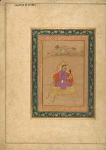 Kolmas Mughal-keisari Akbar istui kuninkaallisella valtaistuimella pitäen kruunuaan tekijältä School Mughal