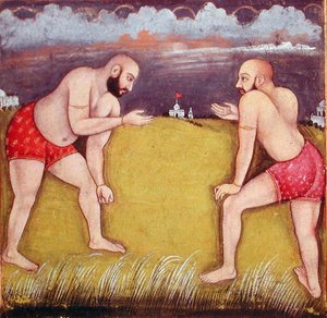 Kaksi painijaa, 1800-luvun alku (guassi paperilla) tekijältä School Mughal