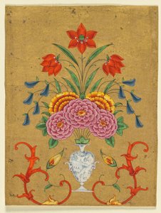 Maljakko, jossa kukka-asetelma ja käärökuvio, noin 1750-1800 (peittävä vesiväri ja kulta paperille). tekijältä School Mughal