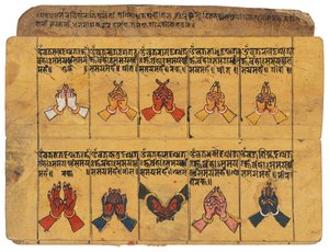 Thyasapu-käsikirjoitus, jossa on ikonografisia kuvituksia mudroista, Nepalista. tekijältä School Nepalese