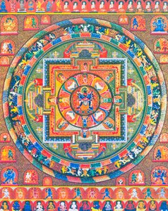 Chakrasambhara Mandala, joka kuvaa pääjumalautta Sambharaa syleilemässä puolisonsa Vajrabarahia ja symboloi viisauden ja käytännön liittoa korkeimman autuuden saavuttamiseksi (guassi kankaalla) tekijältä School Nepalese