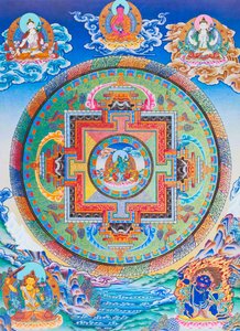 Vihreä Tara Mandala, joka kuvaa äidin suojelijaa kaikilta vaaroilta olemassaolon valtameressä (guassi kankaalla)