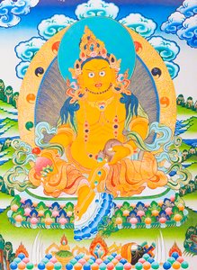 Dzambhalaa kuvaava kuva, keltainen Dzambhala on Buddha Ratnasambhavan ilmentymä, joka symboloi vaurautta materialistisessa maailmassa (guassi kankaalla)