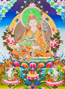 Kuva, joka esittää Padmasambhavaa tai guru Rimpochea, tiibetiläisen tantrismin jumalallista apostolia, jonka sanotaan saaneen hallintaansa demonit ja henget (guassi kankaalla)