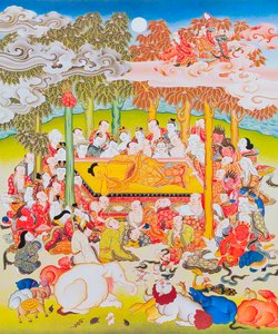 Nirvanan Buddhaa kuvaava kuva (guassi kankaalla) tekijältä School Nepalese