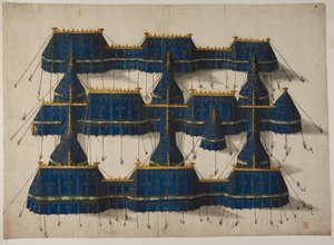 Suunnittelu kuninkaalliseen paviljonkiin sinisellä ja kullalla, n. 1520 (vellum) tekijältä School Netherlandish