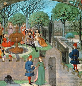 Harl 4425 f.12v Puutarhakuvaus, rakastaja ja rouva Oyseuse (joukko) puutarhan seinien ulkopuolella, "Roman de la Rose" -rakennuksesta, Bruggesta, n. 1490-1500 (vellum)