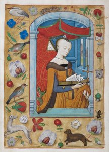 Kings 9, f.62v St. Margaret -palkinto. Pyhä, risti vasemmassa kädessään, seisoo lukemassa katoksen alla lohikäärme takanaan. Reunukset trompe l